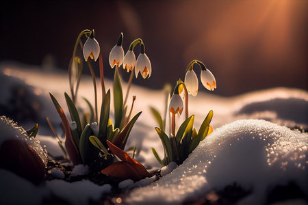 Beautiful snowdrop flowers in the snow. First spring flowers. generative aiの素材
