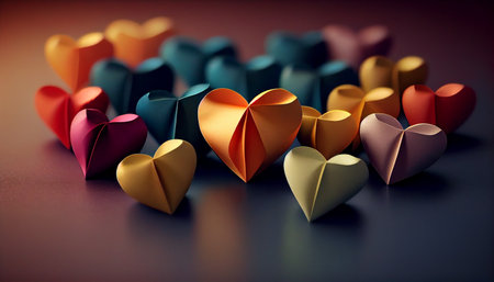 Colorful paper hearts on a dark background.generative aiの素材