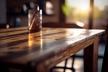 Wooden table in a cafe with blurred background.generative aiの素材