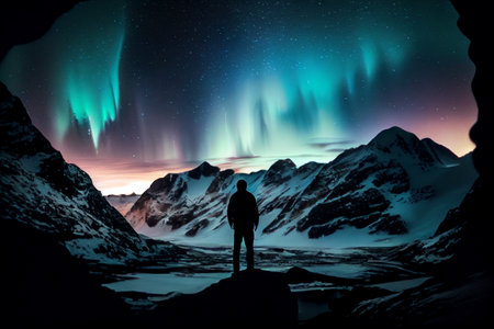 Man looking at aurora borealis, northern lights above the mountains.generative aiの素材