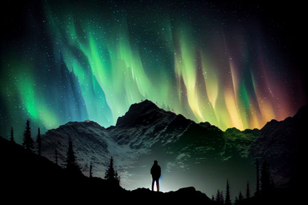 Man looking at aurora borealis, northern lights above the mountains.generative aiの素材