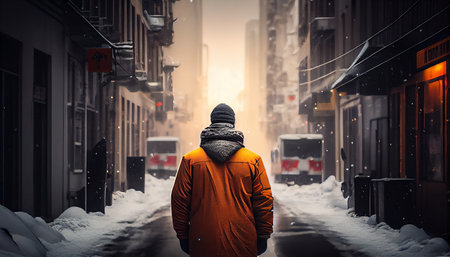 A man in a warm jacket stands in front of a big truck on a snowy winter street.generative aiの素材