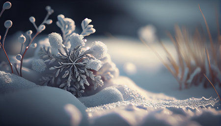 Snowflakes in the snow. winter landscape. generative aiの素材