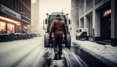 A man in a warm jacket stands in front of a big truck on a snowy winter street.generative aiの素材