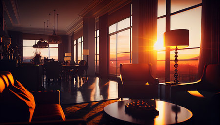 Luxury restaurant interior with table, chairs and window view at sunset.generative aiの素材