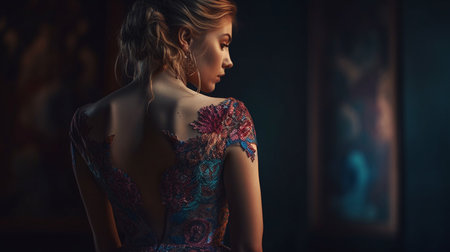 Portrait of a beautiful young woman in a turquoise dress. generative aiの素材