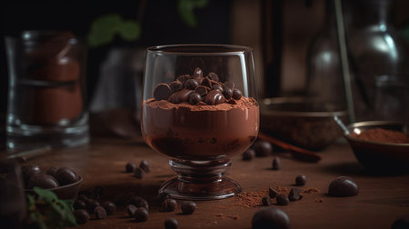 Chocolate mousse with raspberries and blueberries on a black background.generative aiの素材