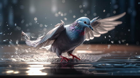 Pigeon splashing water on a black background.generative aiの素材