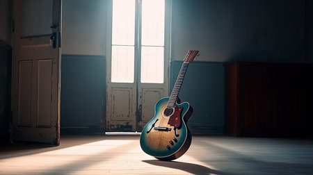 Electric guitar in a room, low angle view, shallow depth of field. generative aiの素材