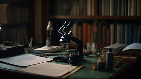 Microscope, books and other items on the table in the library. generative aiの素材