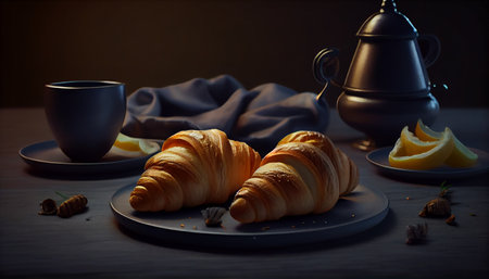 Fresh croissants on a plate with a cup of coffee. Dark background.generative aiの素材