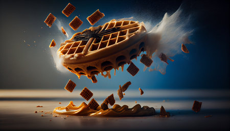 Flying belgian waffles with caramel on black background.generative aiの素材