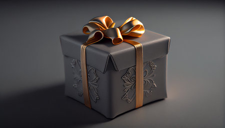 Black gift box with a silver bow on a gray background.generative aiの素材