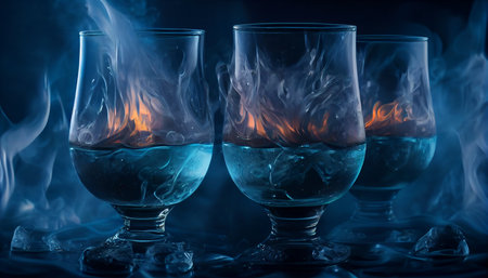 three glasses with blue liquid and smoke on a dark blue background.generative aiの素材