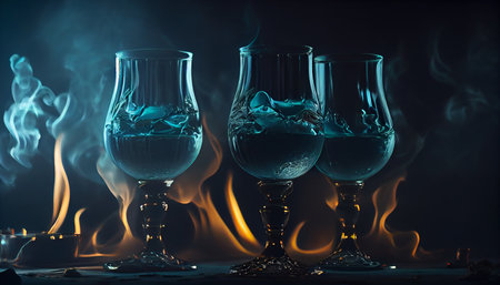 three glasses with blue liquid and smoke on a dark blue background.generative aiの素材