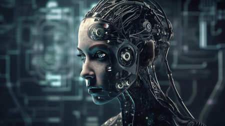 female cyborg with circuit brain and binary code. generative aiの素材