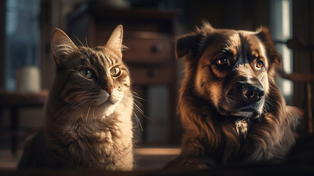 Cat and dog sitting on the window sill at home. generative aiの素材