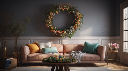 living room with a wreath on the wall.generative aiの素材