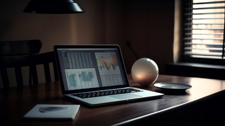 Laptop and mobile phone on the wooden table, stock market concept.generative aiの素材