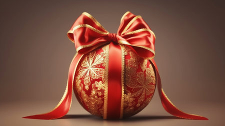 Christmas bauble with gold ribbon and bow on white tablecloth.generative aiの素材