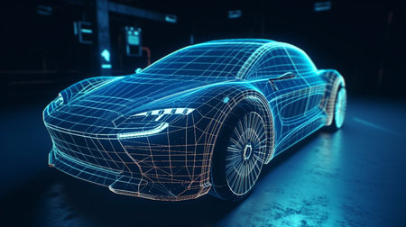 car with a holographic design on a blue background.generative aiの素材