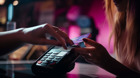 Close up of woman's hand holding credit card and using payment terminal. blurred background.generative aiの素材
