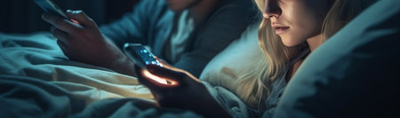 Young couple using mobile phone in bed at night. Focus on woman. generative aiの素材
