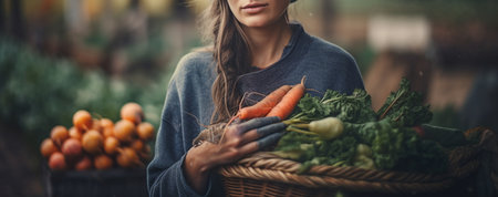 cropped shot of woman holding wicker basket with fresh vegetables on farm.generative aiの素材