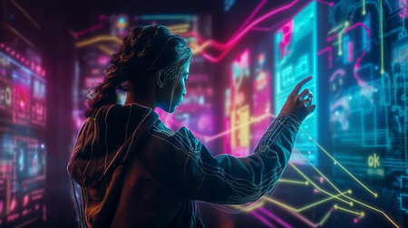 Portrait of young Asian woman using digital tablet in the dark room.generative aiの素材