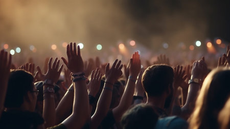Crowd cheering at a music festival, hands raised in the air.generative aiの素材