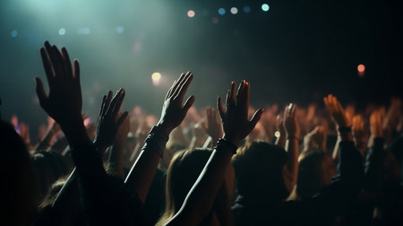 Crowd cheering at a music festival, hands raised in the air.generative aiの素材