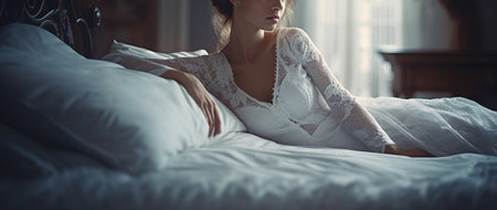 cropped view of young woman in wedding dress sitting on bed in bedroom.generative aiの素材
