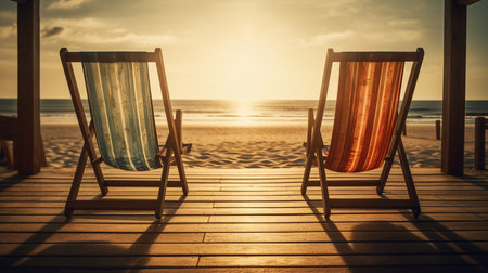 Beach chairs on the sand by the sea at sunset.generative aiの素材