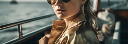 beautiful girl in sunglasses looking away while standing on yacht, closeup.generative aiの素材