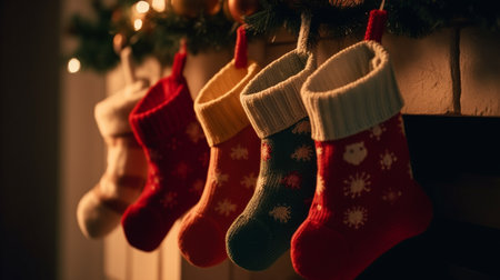 Christmas stockings hanging on a christmas tree in front of a fireplace.generative aiの素材