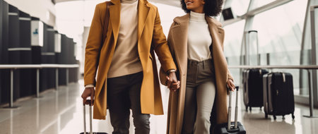 cropped view of african american woman and man in orange coats walking with luggage on bridge.generative aiの素材