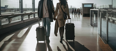 cropped view of african american woman and man in orange coats walking with luggage on bridge.generative aiの素材