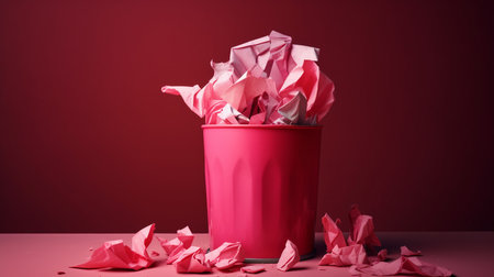 Trash can full of crumpled paper on dark red background.generative aiの素材
