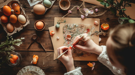 cropped shot of woman decorating easter eggs on wooden table.generative aiの素材