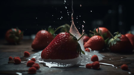 Strawberry falling into the water with splash on a wooden table.generative aiの素材