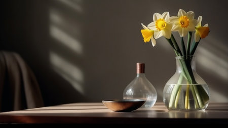 Vase with beautiful daffodils on table in living room.generative aiの素材