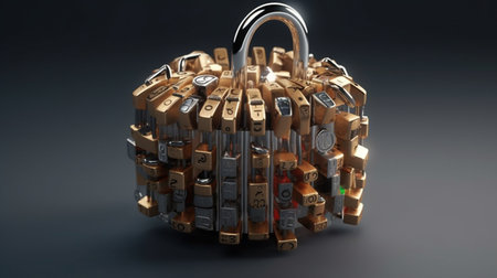 Pile of padlocks on a sphere.generative aiの素材
