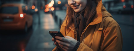 panoramic shot of smiling young woman in earphones listening to music on smartphone.generative aiの素材