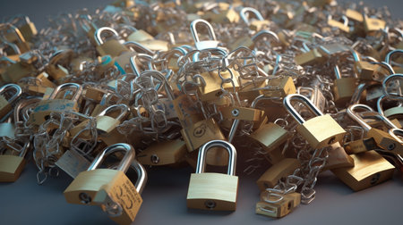 Pile of padlocks on a sphere.generative aiの素材