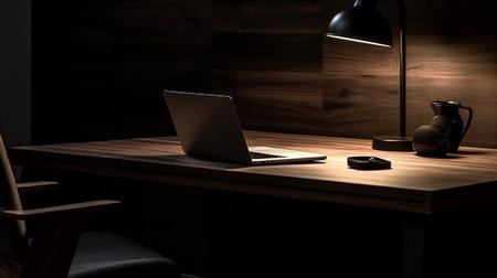 Laptop on a wooden table with a lamp in a dark room.generative aiの素材