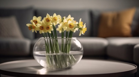 Vase with beautiful daffodils on table in living room.generative aiの素材