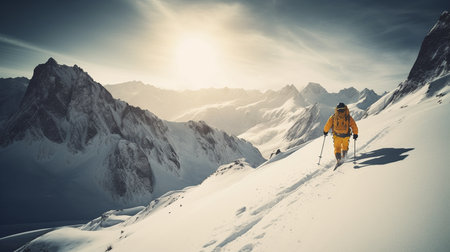A man in yellow ski gear walks up a snowy mountain with the sun shining on him.generative aiの素材