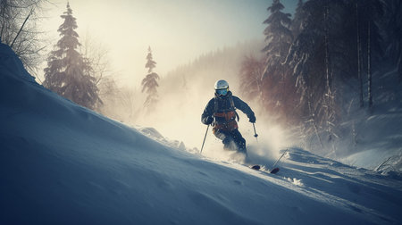 A man in yellow ski gear walks up a snowy mountain with the sun shining on him.generative aiの素材