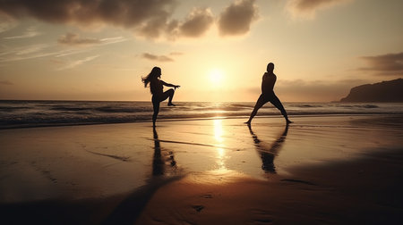 A couple walking on a beach with the sun setting behind them.generative aiの素材