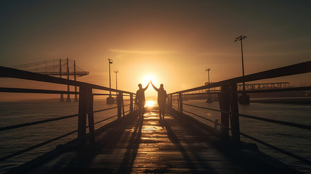 A couple stands on a pier with their hands up in the air.generative aiの素材